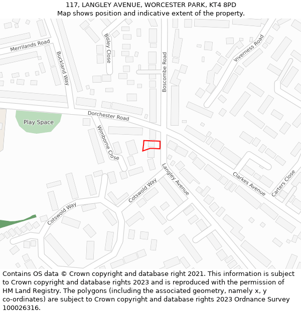 117, LANGLEY AVENUE, WORCESTER PARK, KT4 8PD: Location map and indicative extent of plot