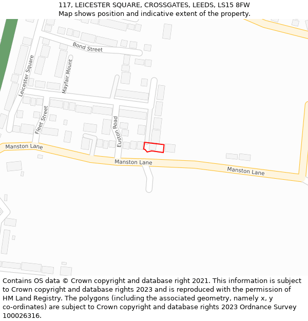 117, LEICESTER SQUARE, CROSSGATES, LEEDS, LS15 8FW: Location map and indicative extent of plot