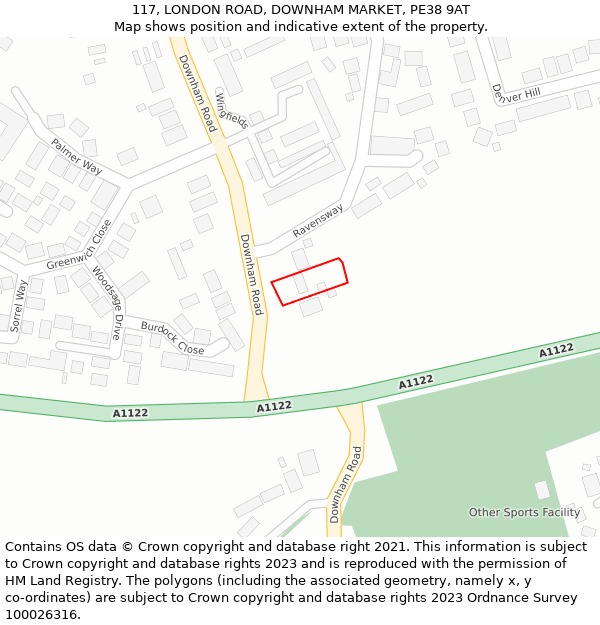 117, LONDON ROAD, DOWNHAM MARKET, PE38 9AT: Location map and indicative extent of plot