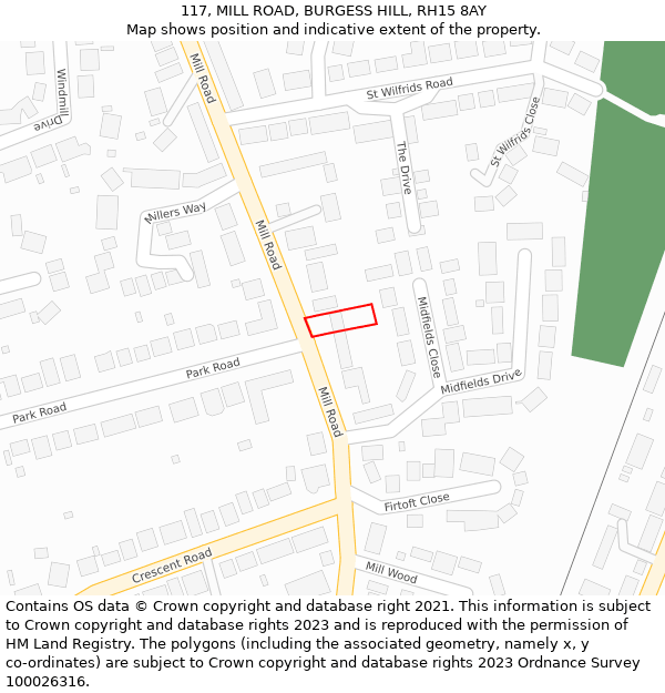 117, MILL ROAD, BURGESS HILL, RH15 8AY: Location map and indicative extent of plot