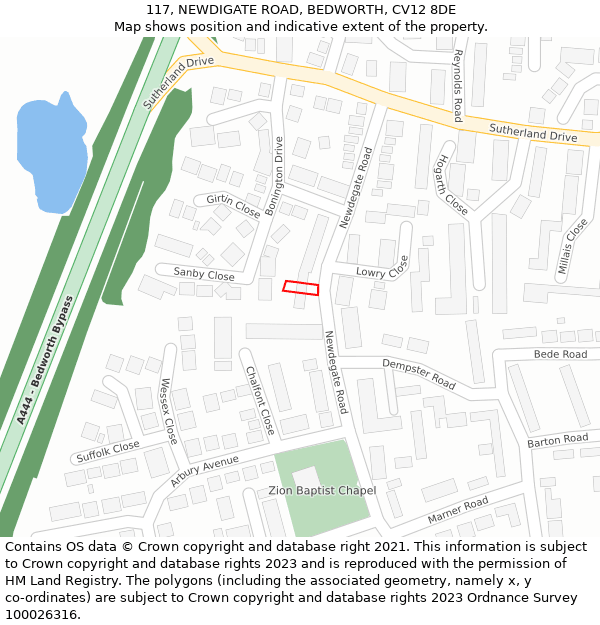 117, NEWDIGATE ROAD, BEDWORTH, CV12 8DE: Location map and indicative extent of plot