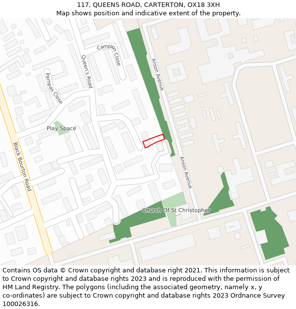 117, QUEENS ROAD, CARTERTON, OX18 3XH: Location map and indicative extent of plot