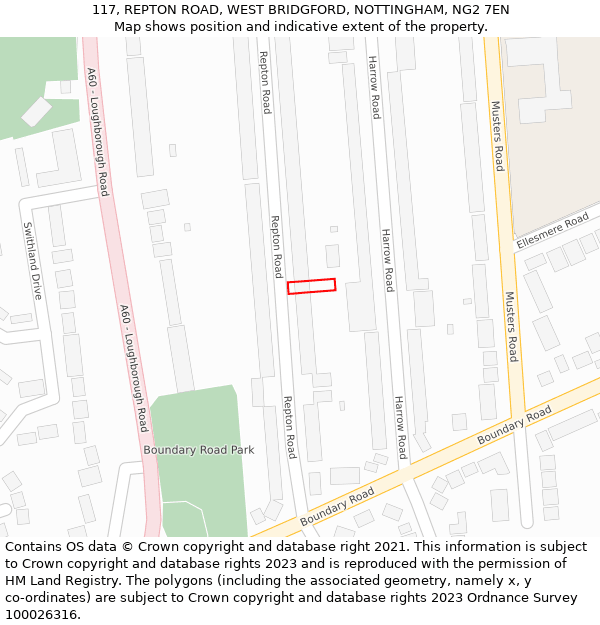 117, REPTON ROAD, WEST BRIDGFORD, NOTTINGHAM, NG2 7EN: Location map and indicative extent of plot