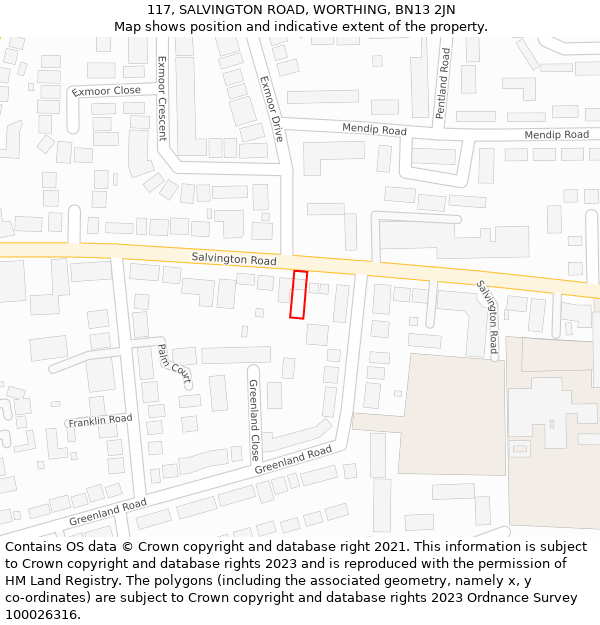 117, SALVINGTON ROAD, WORTHING, BN13 2JN: Location map and indicative extent of plot