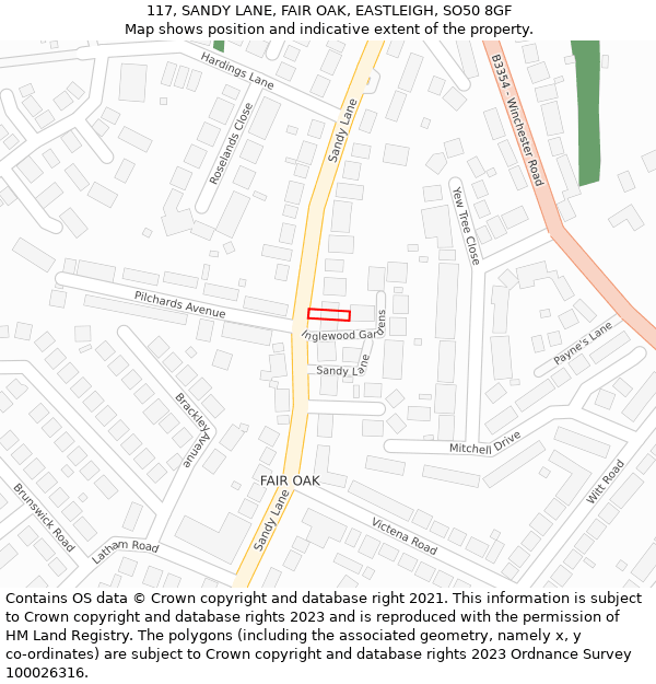 117, SANDY LANE, FAIR OAK, EASTLEIGH, SO50 8GF: Location map and indicative extent of plot