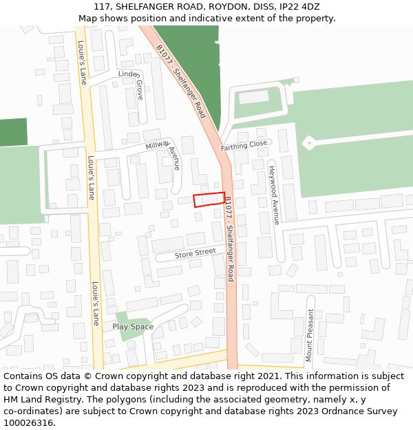 117, SHELFANGER ROAD, ROYDON, DISS, IP22 4DZ: Location map and indicative extent of plot