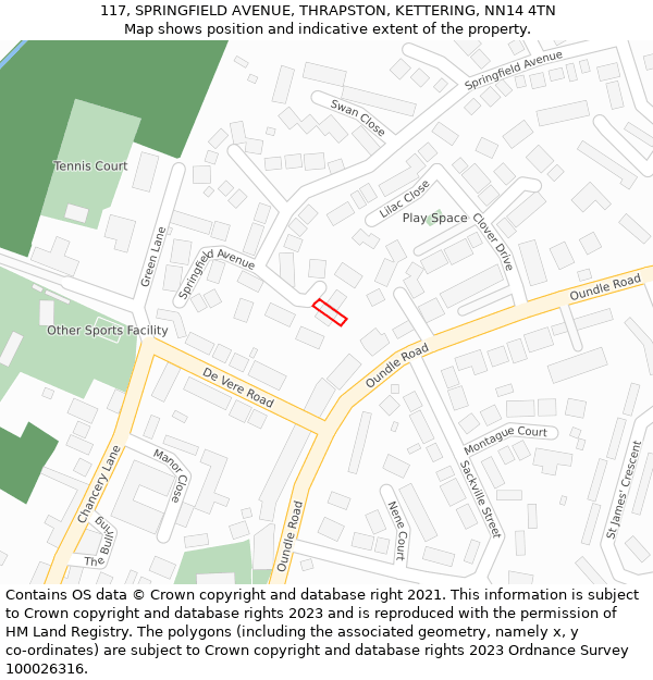 117, SPRINGFIELD AVENUE, THRAPSTON, KETTERING, NN14 4TN: Location map and indicative extent of plot