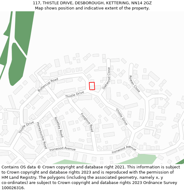 117, THISTLE DRIVE, DESBOROUGH, KETTERING, NN14 2GZ: Location map and indicative extent of plot