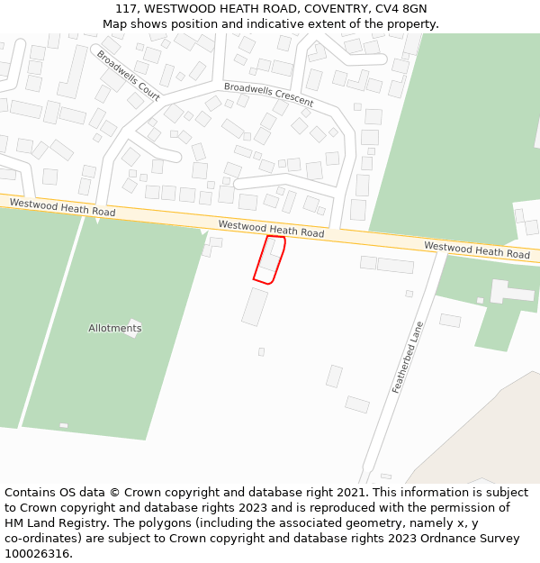117, WESTWOOD HEATH ROAD, COVENTRY, CV4 8GN: Location map and indicative extent of plot