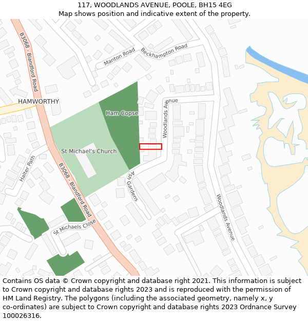 117, WOODLANDS AVENUE, POOLE, BH15 4EG: Location map and indicative extent of plot