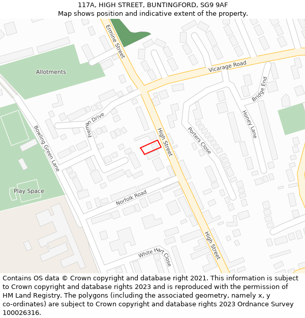 117A, HIGH STREET, BUNTINGFORD, SG9 9AF: Location map and indicative extent of plot