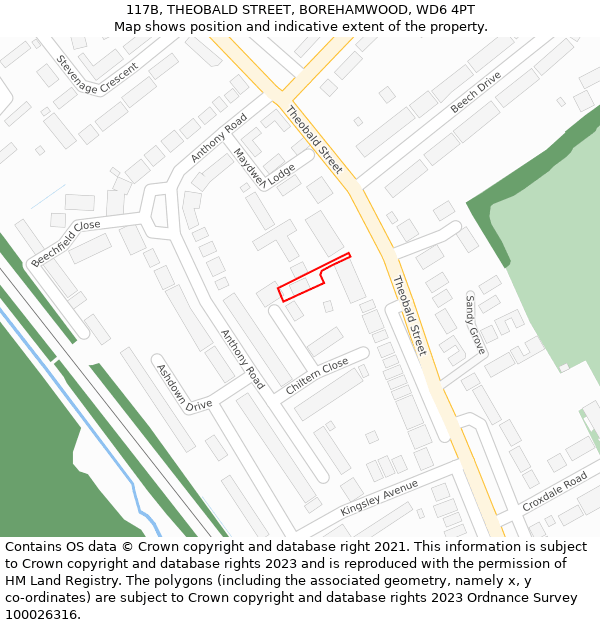117B, THEOBALD STREET, BOREHAMWOOD, WD6 4PT: Location map and indicative extent of plot