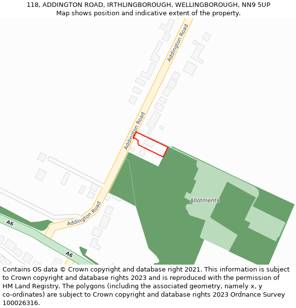 118, ADDINGTON ROAD, IRTHLINGBOROUGH, WELLINGBOROUGH, NN9 5UP: Location map and indicative extent of plot