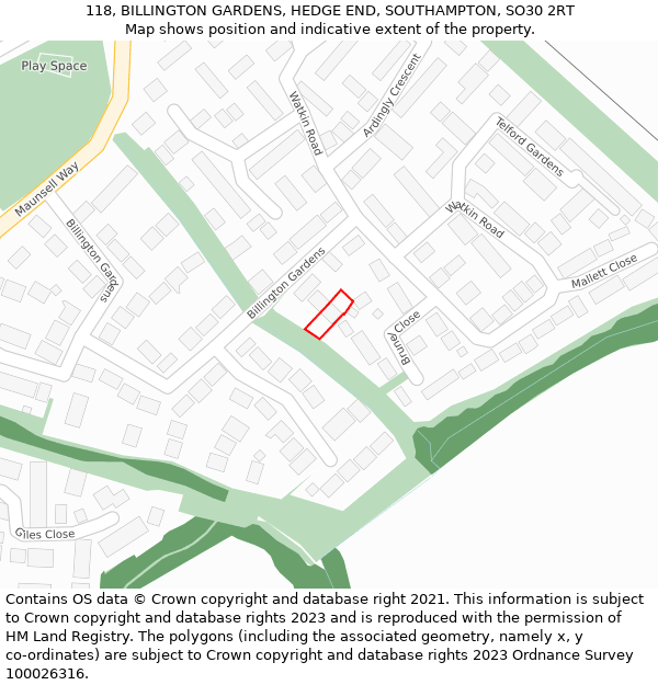 118, BILLINGTON GARDENS, HEDGE END, SOUTHAMPTON, SO30 2RT: Location map and indicative extent of plot