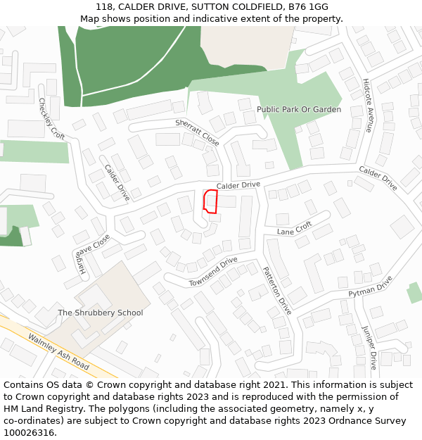 118, CALDER DRIVE, SUTTON COLDFIELD, B76 1GG: Location map and indicative extent of plot