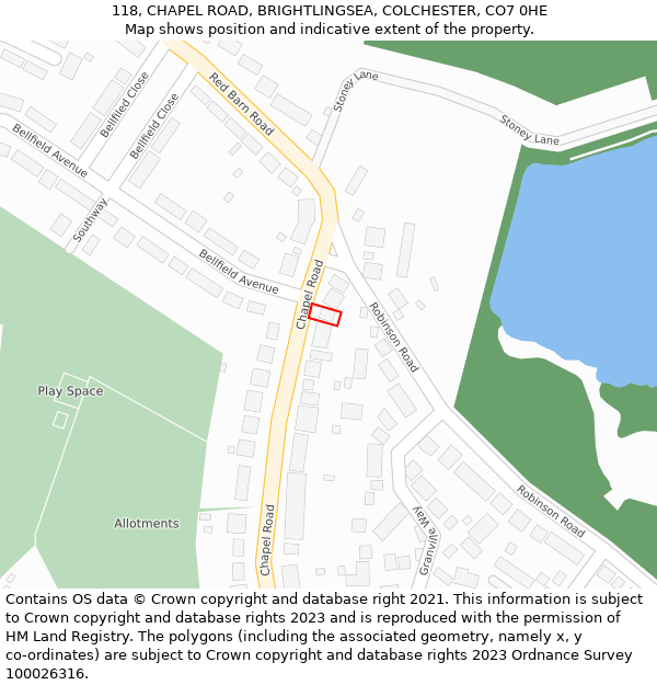 118, CHAPEL ROAD, BRIGHTLINGSEA, COLCHESTER, CO7 0HE: Location map and indicative extent of plot