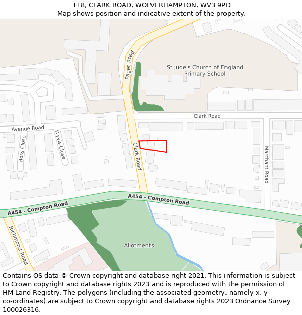 118, CLARK ROAD, WOLVERHAMPTON, WV3 9PD: Location map and indicative extent of plot
