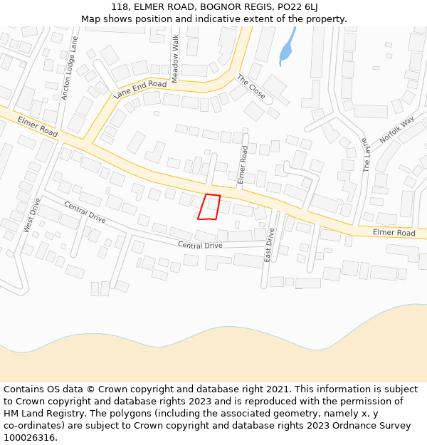 118, ELMER ROAD, BOGNOR REGIS, PO22 6LJ: Location map and indicative extent of plot