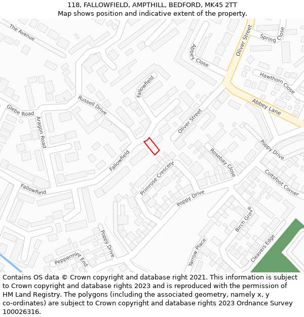 118, FALLOWFIELD, AMPTHILL, BEDFORD, MK45 2TT: Location map and indicative extent of plot