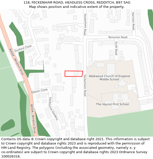 118, FECKENHAM ROAD, HEADLESS CROSS, REDDITCH, B97 5AG: Location map and indicative extent of plot