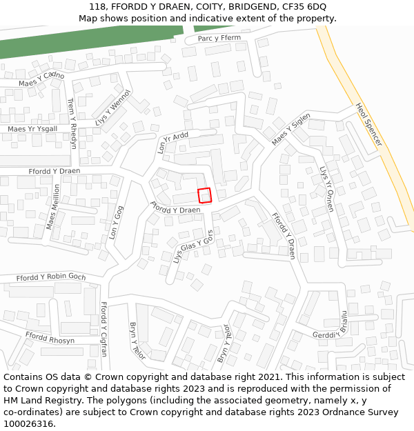 118, FFORDD Y DRAEN, COITY, BRIDGEND, CF35 6DQ: Location map and indicative extent of plot