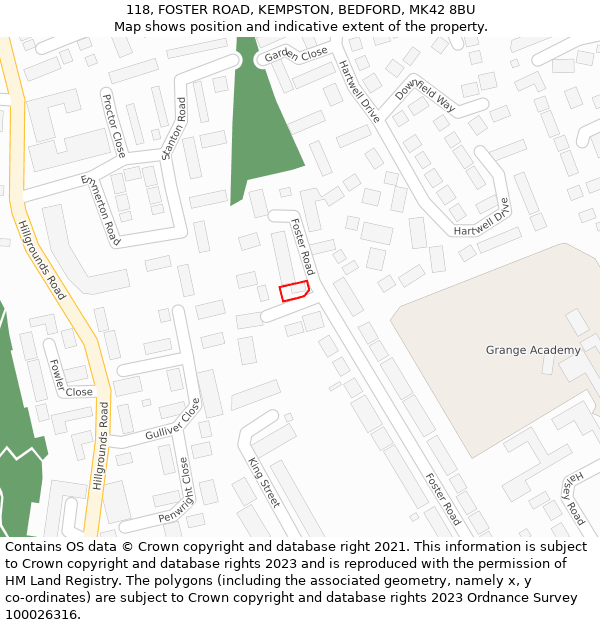 118, FOSTER ROAD, KEMPSTON, BEDFORD, MK42 8BU: Location map and indicative extent of plot