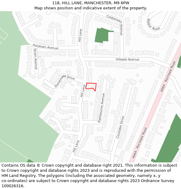 118, HILL LANE, MANCHESTER, M9 6PW: Location map and indicative extent of plot