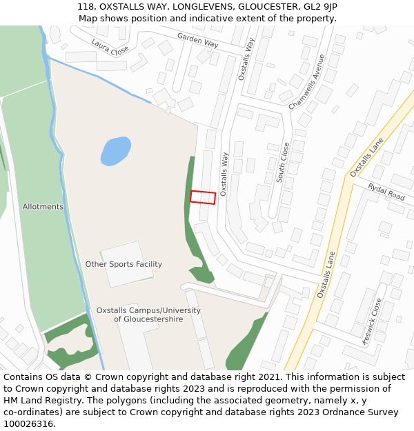 118, OXSTALLS WAY, LONGLEVENS, GLOUCESTER, GL2 9JP: Location map and indicative extent of plot