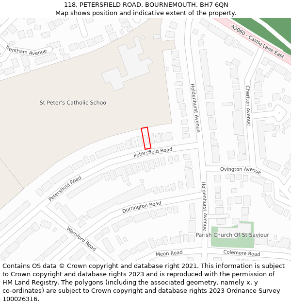 118, PETERSFIELD ROAD, BOURNEMOUTH, BH7 6QN: Location map and indicative extent of plot