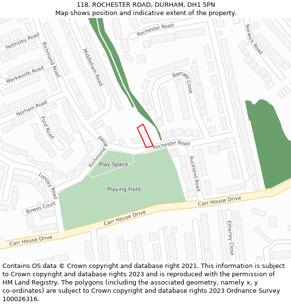 118, ROCHESTER ROAD, DURHAM, DH1 5PN: Location map and indicative extent of plot