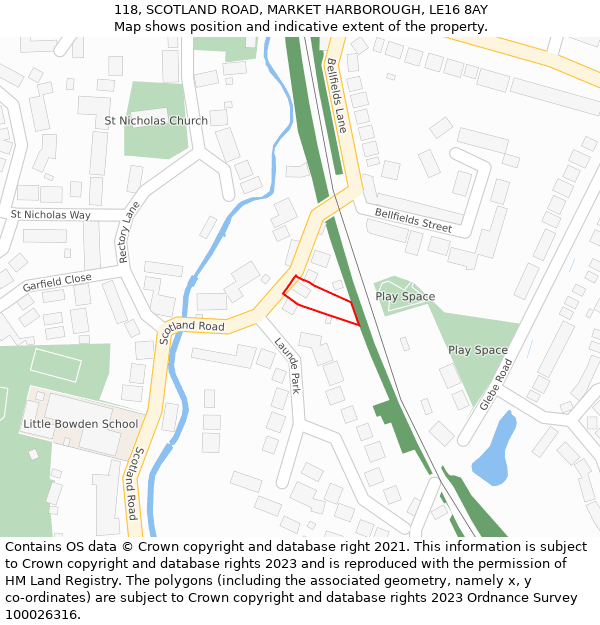 118, SCOTLAND ROAD, MARKET HARBOROUGH, LE16 8AY: Location map and indicative extent of plot