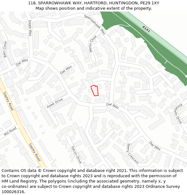 118, SPARROWHAWK WAY, HARTFORD, HUNTINGDON, PE29 1XY: Location map and indicative extent of plot