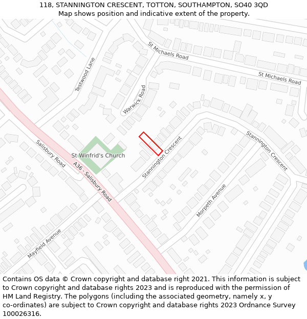 118, STANNINGTON CRESCENT, TOTTON, SOUTHAMPTON, SO40 3QD: Location map and indicative extent of plot