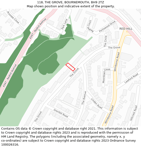 118, THE GROVE, BOURNEMOUTH, BH9 2TZ: Location map and indicative extent of plot