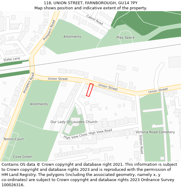 118, UNION STREET, FARNBOROUGH, GU14 7PY: Location map and indicative extent of plot