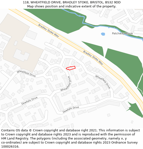 118, WHEATFIELD DRIVE, BRADLEY STOKE, BRISTOL, BS32 9DD: Location map and indicative extent of plot