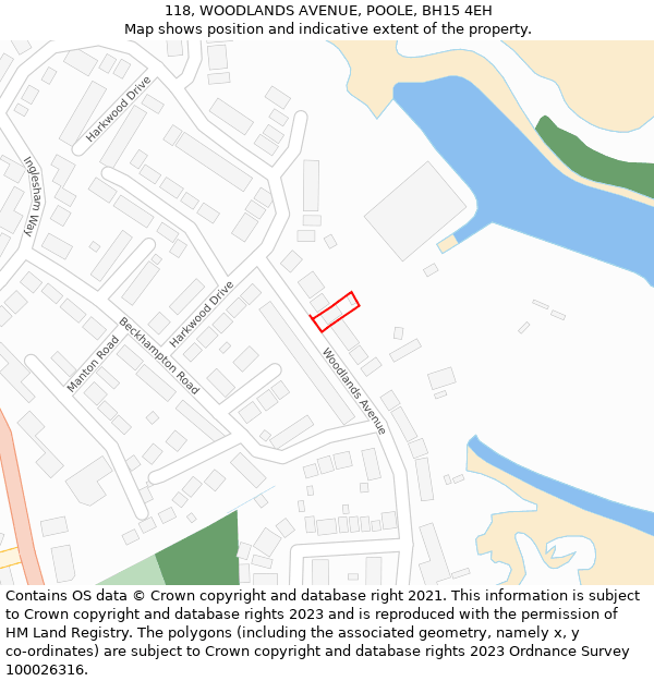 118, WOODLANDS AVENUE, POOLE, BH15 4EH: Location map and indicative extent of plot