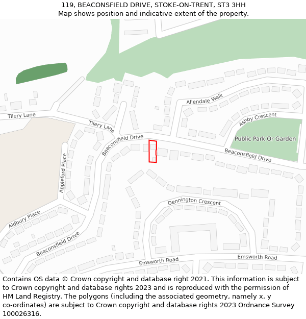 119, BEACONSFIELD DRIVE, STOKE-ON-TRENT, ST3 3HH: Location map and indicative extent of plot