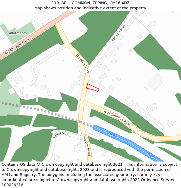 119, BELL COMMON, EPPING, CM16 4DZ: Location map and indicative extent of plot