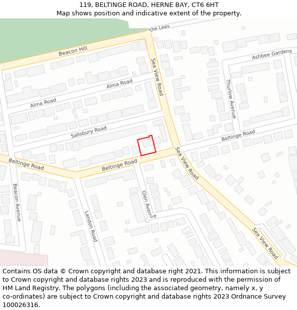 119, BELTINGE ROAD, HERNE BAY, CT6 6HT: Location map and indicative extent of plot