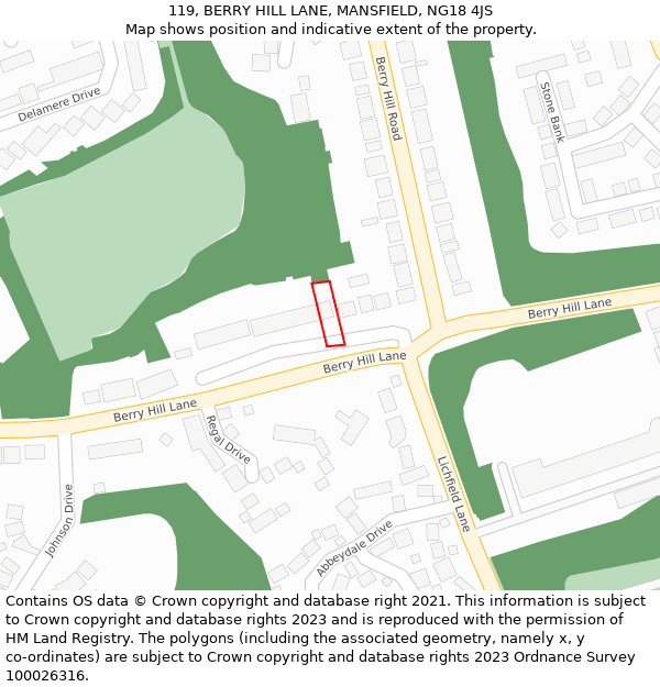 119, BERRY HILL LANE, MANSFIELD, NG18 4JS: Location map and indicative extent of plot