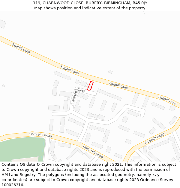 119, CHARNWOOD CLOSE, RUBERY, BIRMINGHAM, B45 0JY: Location map and indicative extent of plot