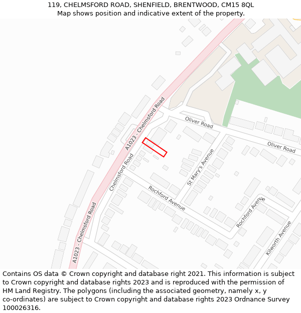 119, CHELMSFORD ROAD, SHENFIELD, BRENTWOOD, CM15 8QL: Location map and indicative extent of plot