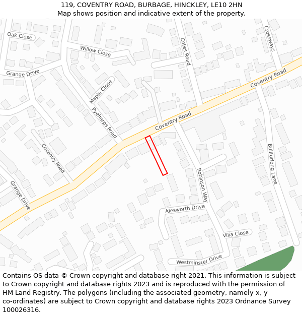 119, COVENTRY ROAD, BURBAGE, HINCKLEY, LE10 2HN: Location map and indicative extent of plot