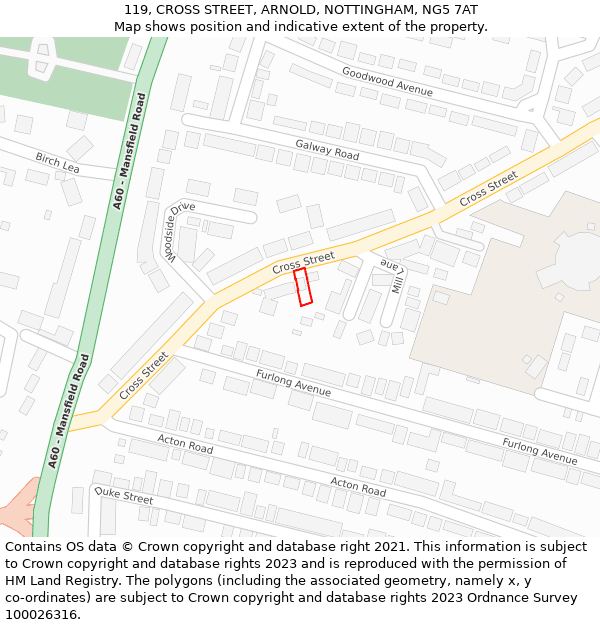 119, CROSS STREET, ARNOLD, NOTTINGHAM, NG5 7AT: Location map and indicative extent of plot