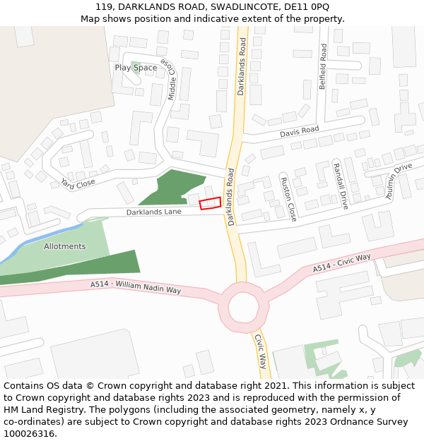 119, DARKLANDS ROAD, SWADLINCOTE, DE11 0PQ: Location map and indicative extent of plot