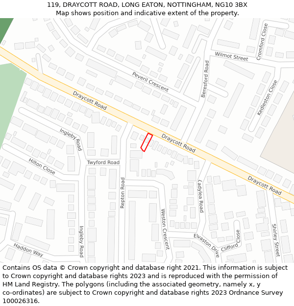 119, DRAYCOTT ROAD, LONG EATON, NOTTINGHAM, NG10 3BX: Location map and indicative extent of plot