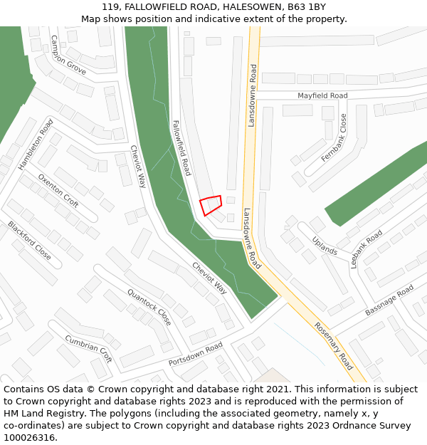 119, FALLOWFIELD ROAD, HALESOWEN, B63 1BY: Location map and indicative extent of plot