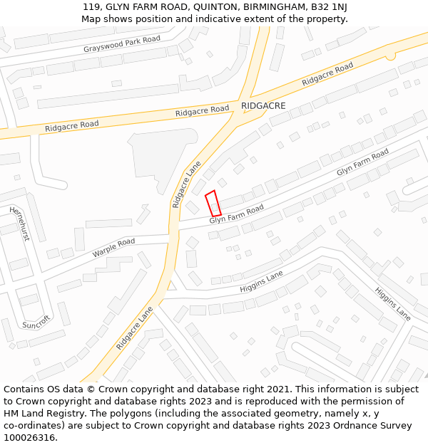 119, GLYN FARM ROAD, QUINTON, BIRMINGHAM, B32 1NJ: Location map and indicative extent of plot