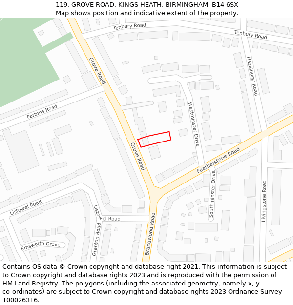 119, GROVE ROAD, KINGS HEATH, BIRMINGHAM, B14 6SX: Location map and indicative extent of plot